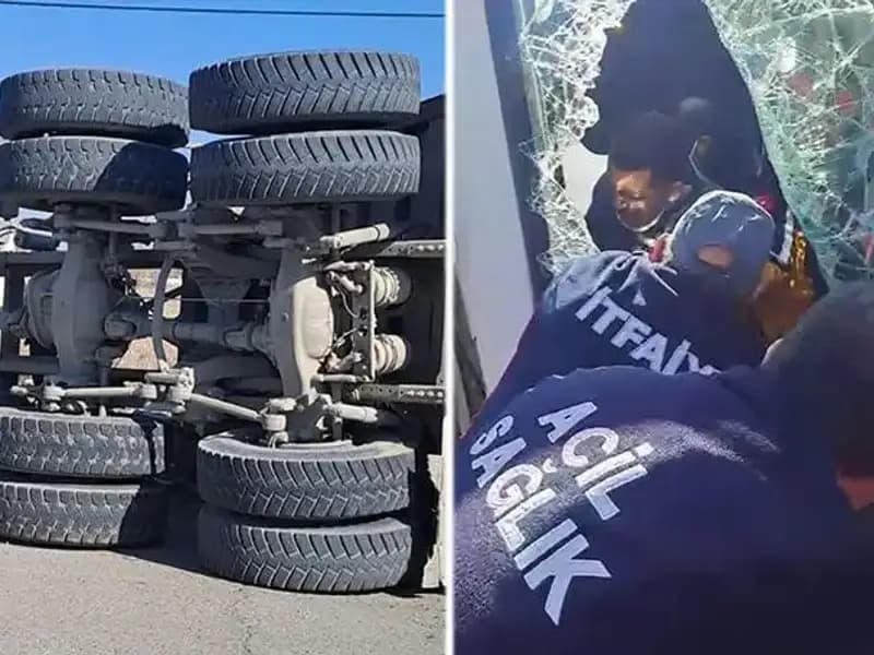 Virajı Alamayan Kamyon Feci Kaza Sonucu Yan Yattı